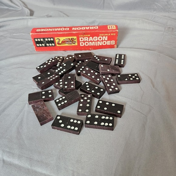 Halsam Other - Vintage Halsam Dragon Dominoes Double Six Wood Set w/ Box Complete 29 Pieces